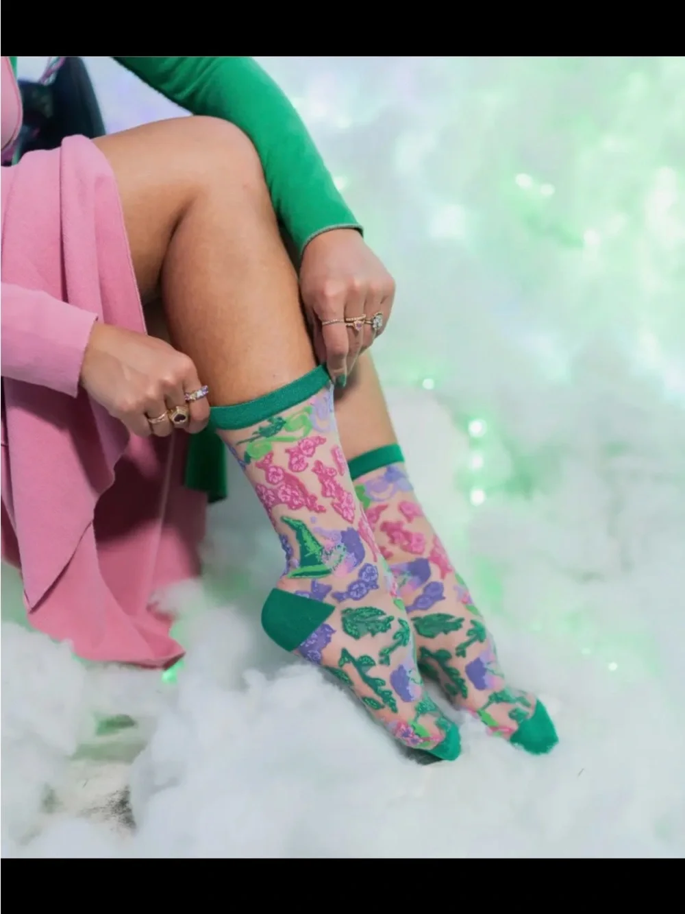 Wicked For Good Floral Sheer Floral Crew Socks in Green